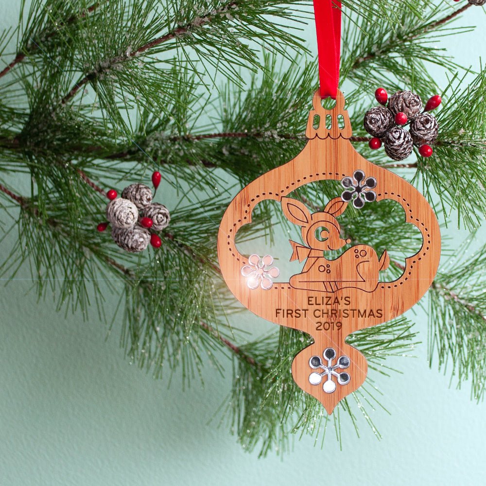 Baby's First Christmas Ornament - Deer (Personalized, Bamboo) - Graphic Spaces