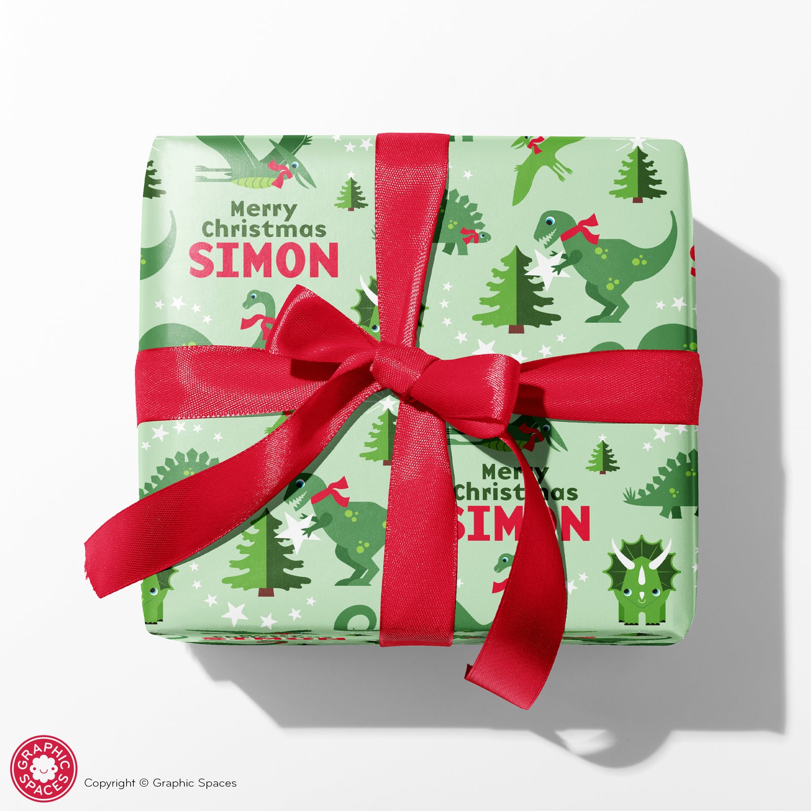 Kids Wrapping Paper - Dinosaur Christmas (Personalized, Green) - Graphic Spaces