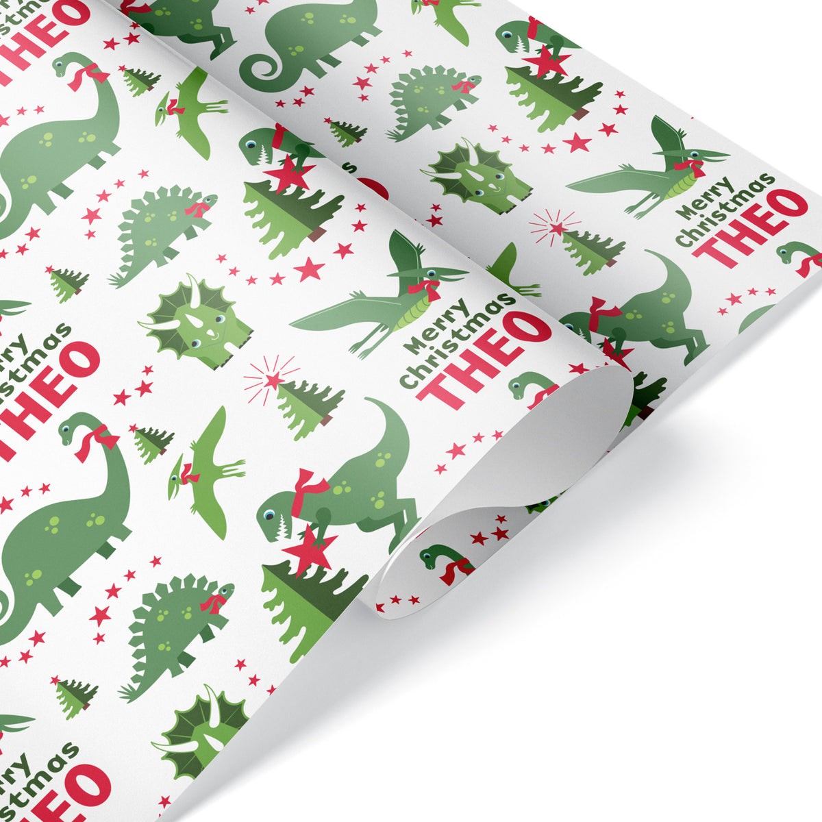 Dinosaur Christmas Personalized Name Wrapping Paper - WHITE