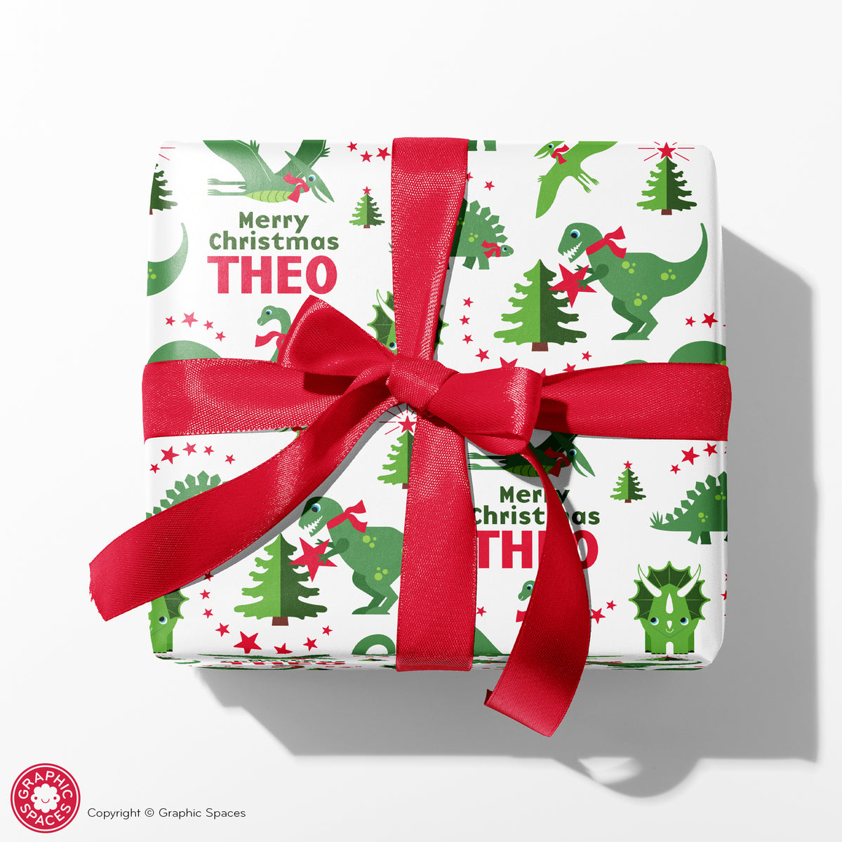 Dinosaur Christmas Personalized Name Wrapping Paper - WHITE