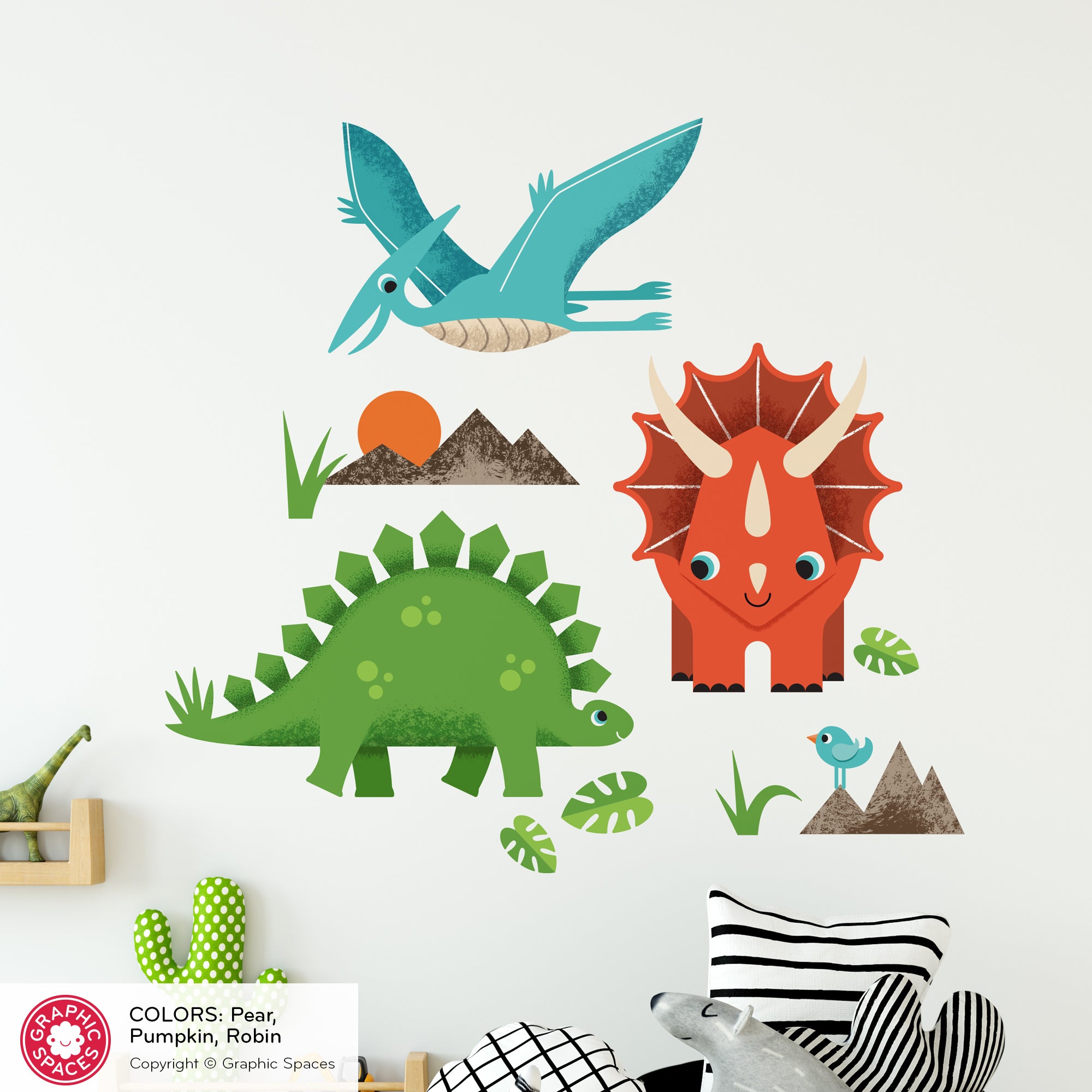 Large Dinosaur Wall Decals, Nursery Wall Stickers, Volcano Wall