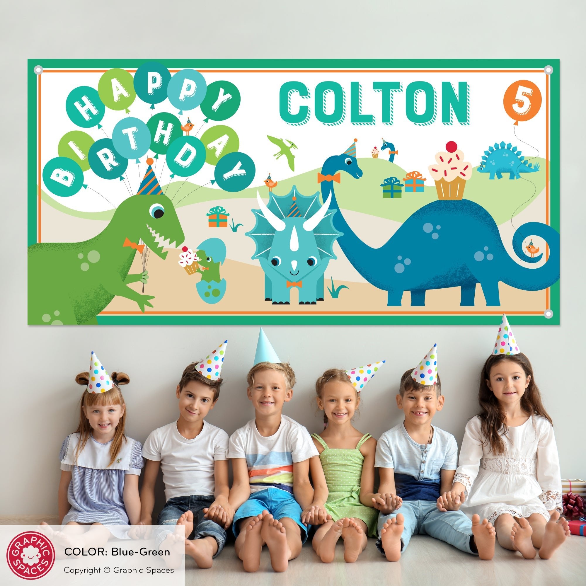 Banner - Dinosaur Birthday Party (Personalized, Teal) | Handmade Decor Piece - Graphic Spaces banner-dinosaur-birthday-party-personalized-teal-handmade-decor-piece-graphic-spaces