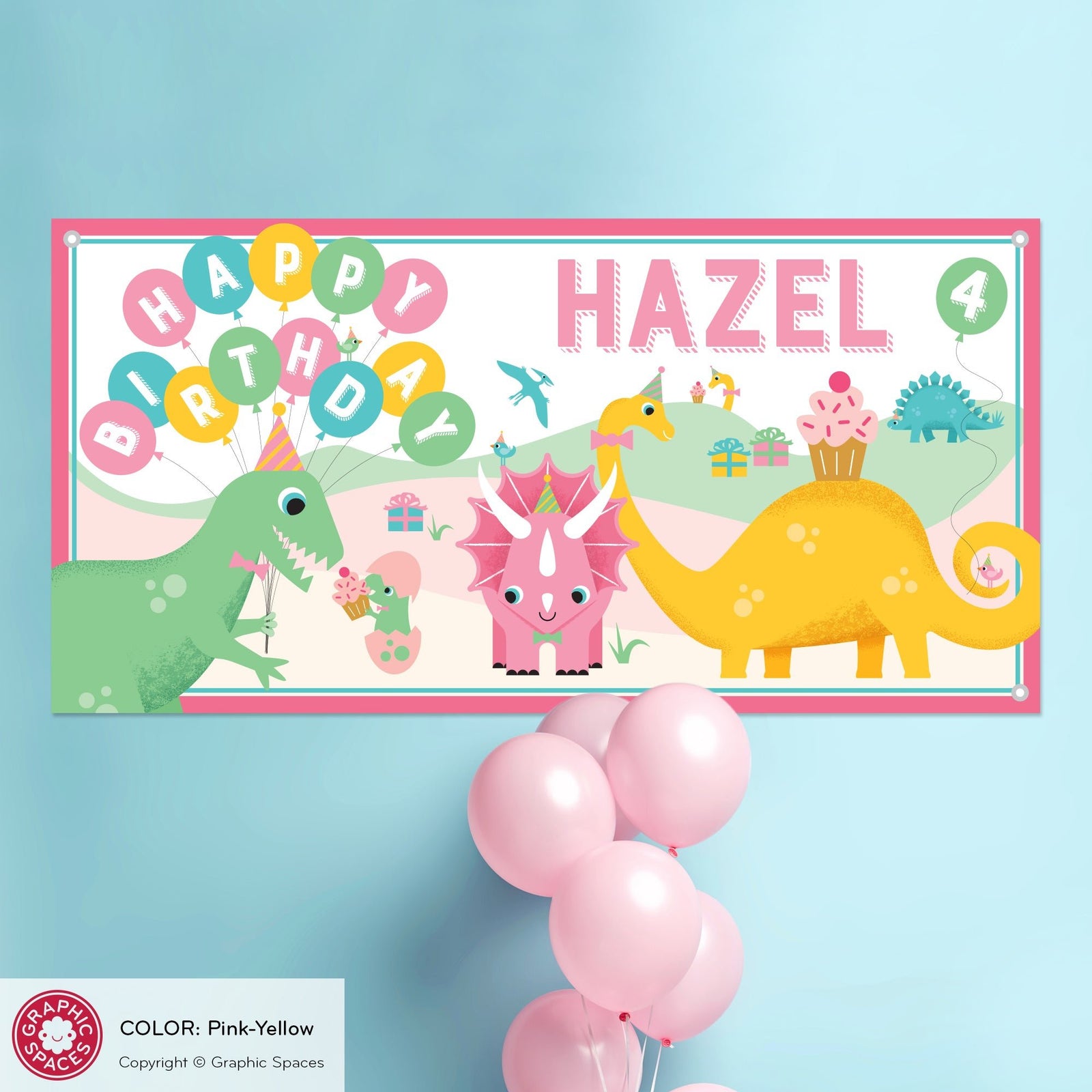Kids Banner - Dinosaur Birthday Party (Personalized, Pink) - Graphic Spaces