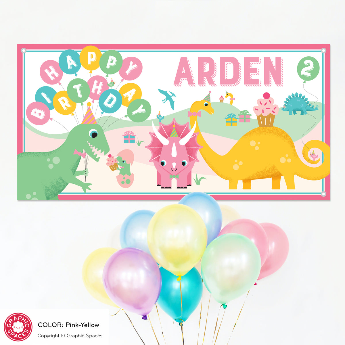 Dinosaur Birthday Party Banner, Personalized - PINK