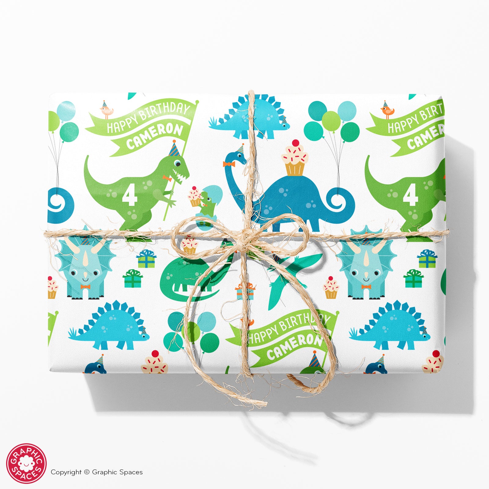 Kids Wrapping Paper - Dinosaur Birthday (Personalized, White) - Graphic Spaces