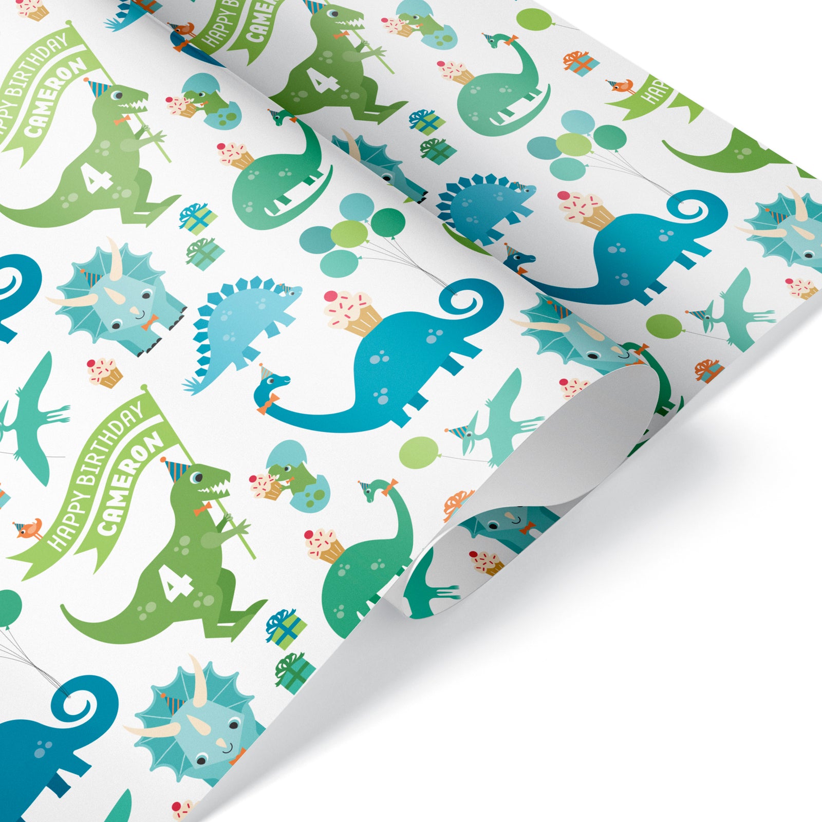 Kids Wrapping Paper - Dinosaur Birthday (Personalized, White) - Graphic Spaces