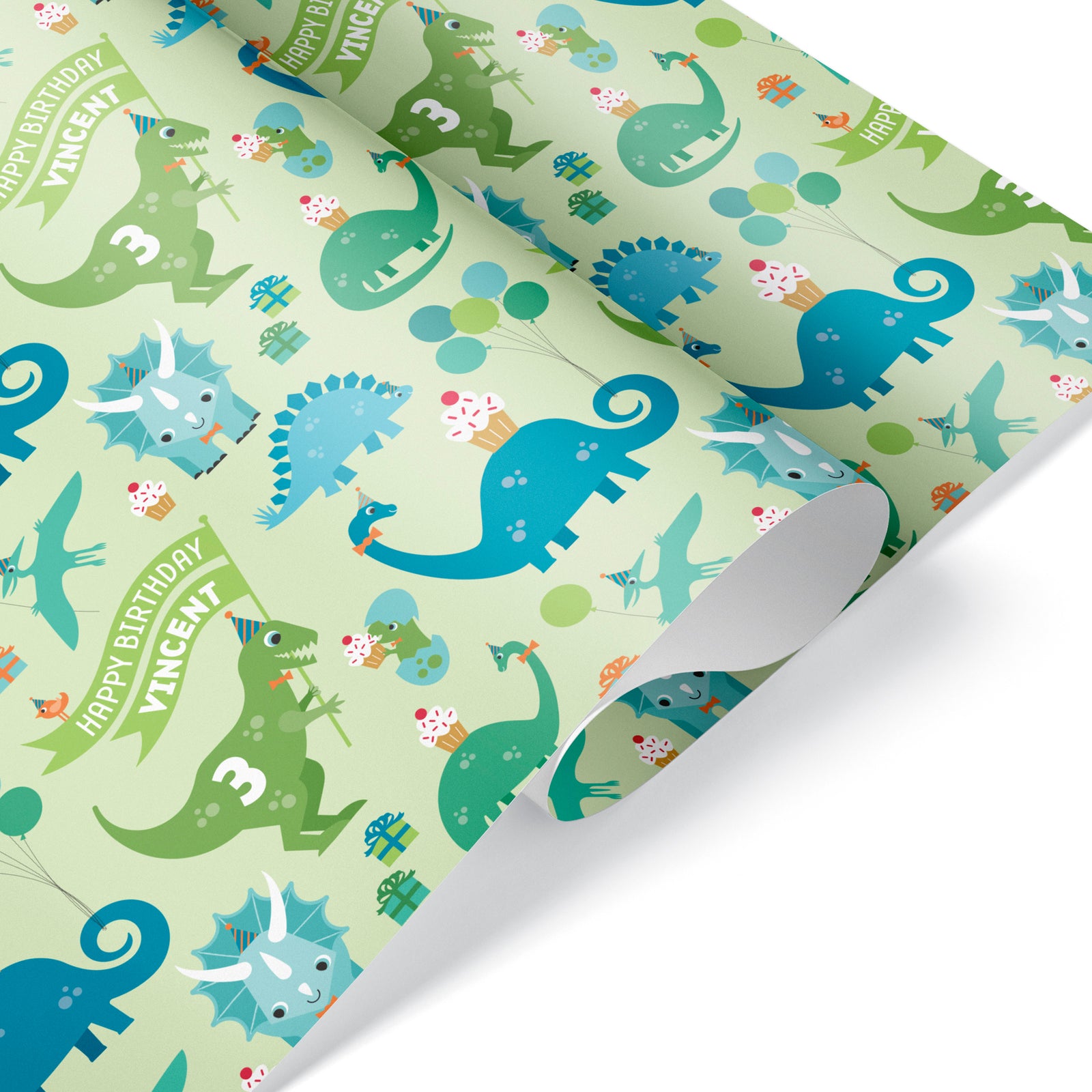 Kids Wrapping Paper - Dinosaur Birthday (Personalized, Green) - Graphic Spaces