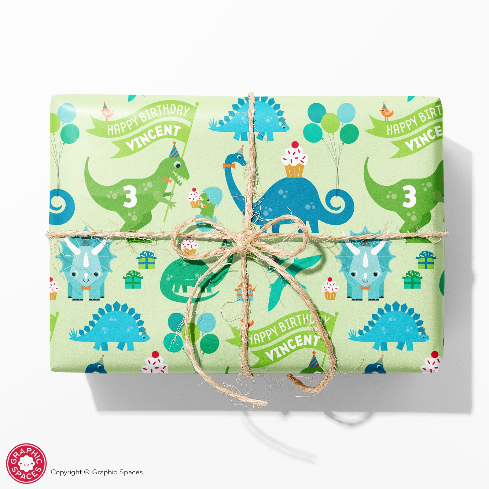Kids Wrapping Paper - Dinosaur Birthday (Personalized, Green) - Graphic Spaces