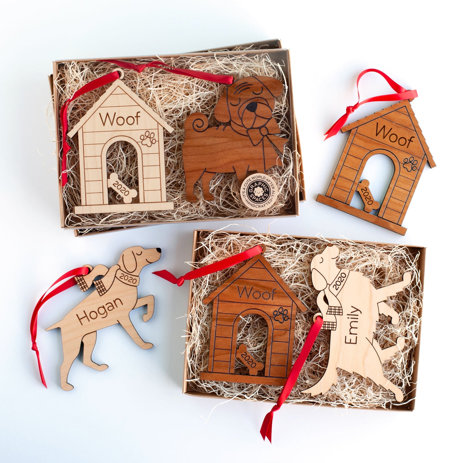 Dog House + Dog Wooden Christmas Ornaments - Personalized (Set of 2) - Maple or Cherry - Graphic Spaces