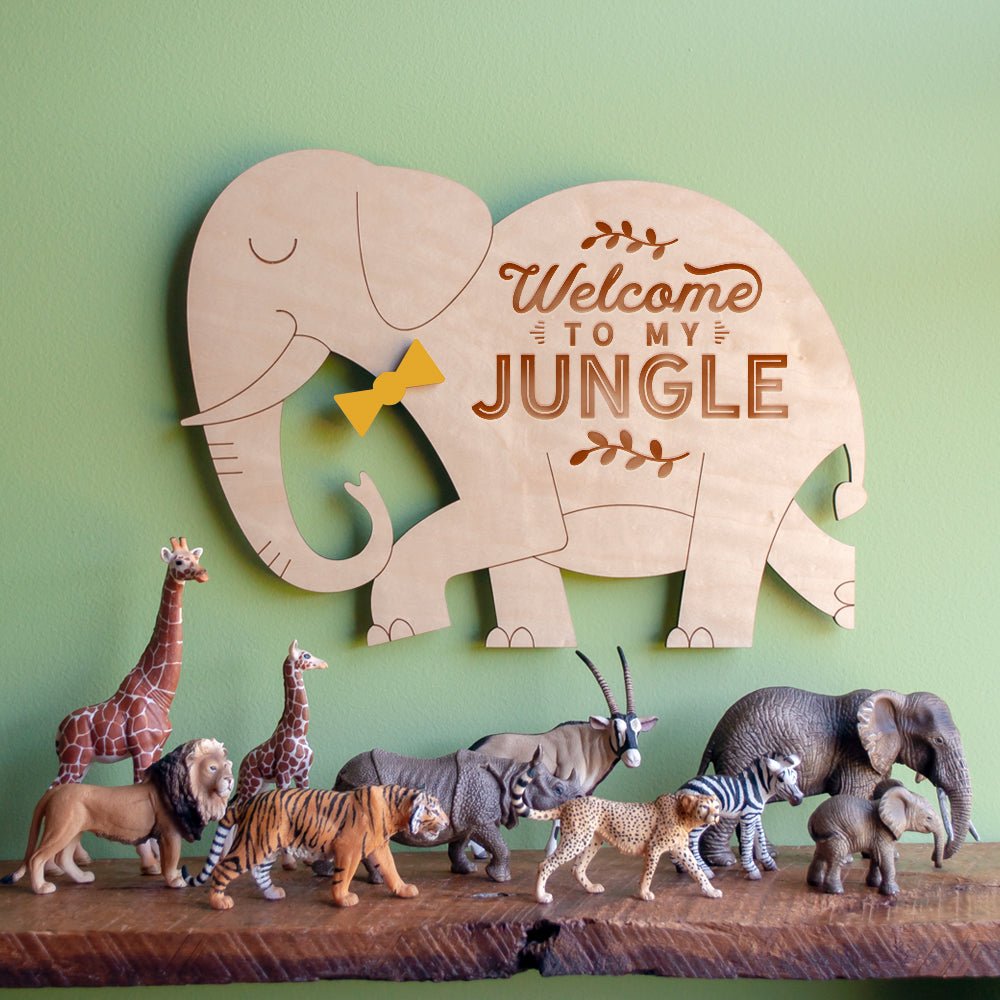 Wall Art - Welcome to my Jungle Elephant (Wood) Light Maple - Choice of Bowtie Color - Graphic Spaces