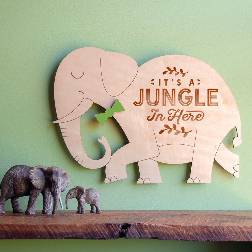Wall Art - It's a Jungle in Here Elephant (Wood) Light Maple - Choice of Bowtie Color - Graphic Spaces