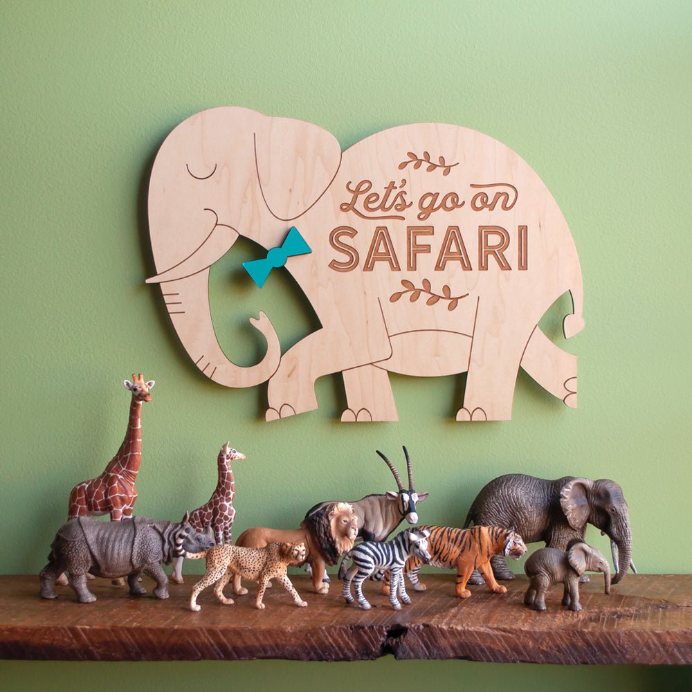 Wall Art - Let's go on Safari Elephant (Wood) Light Maple - Choice of Bowtie Color - Animals not included - Graphic Spaces