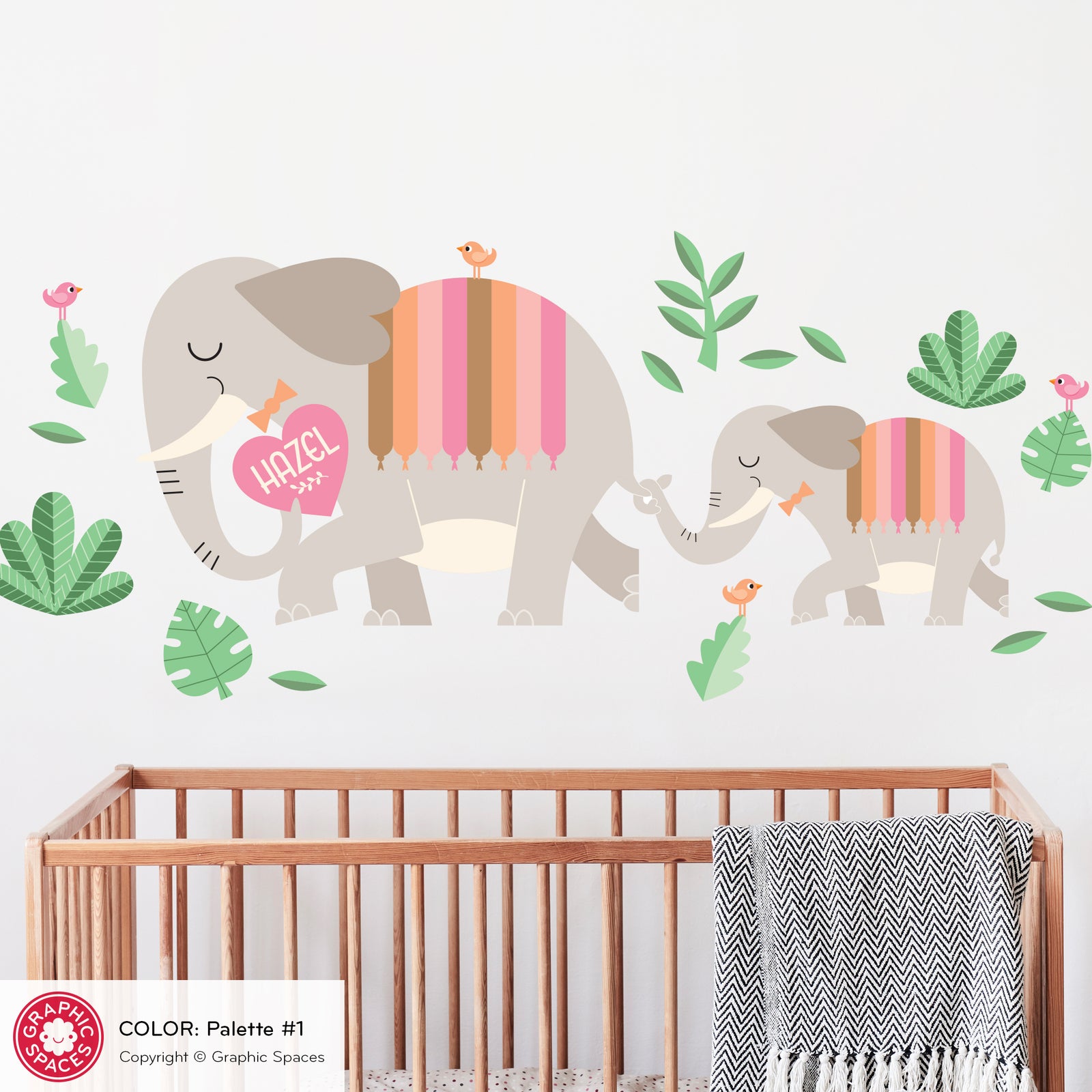 Nursery Wall Decal - Elephant Mommy & Baby (Personalized) - Palette 3 - Graphic Spaces
