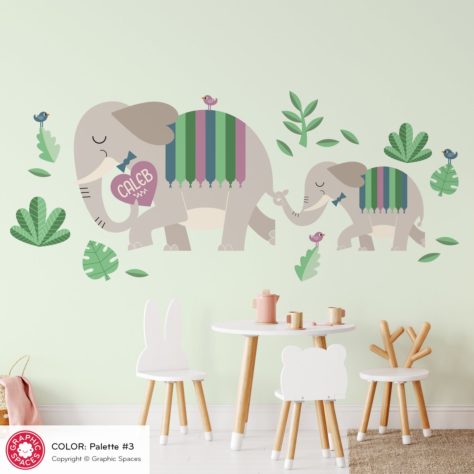 Nursery Wall Decal - Elephant Mommy & Baby (Personalized) - Palette 3 - Graphic Spaces