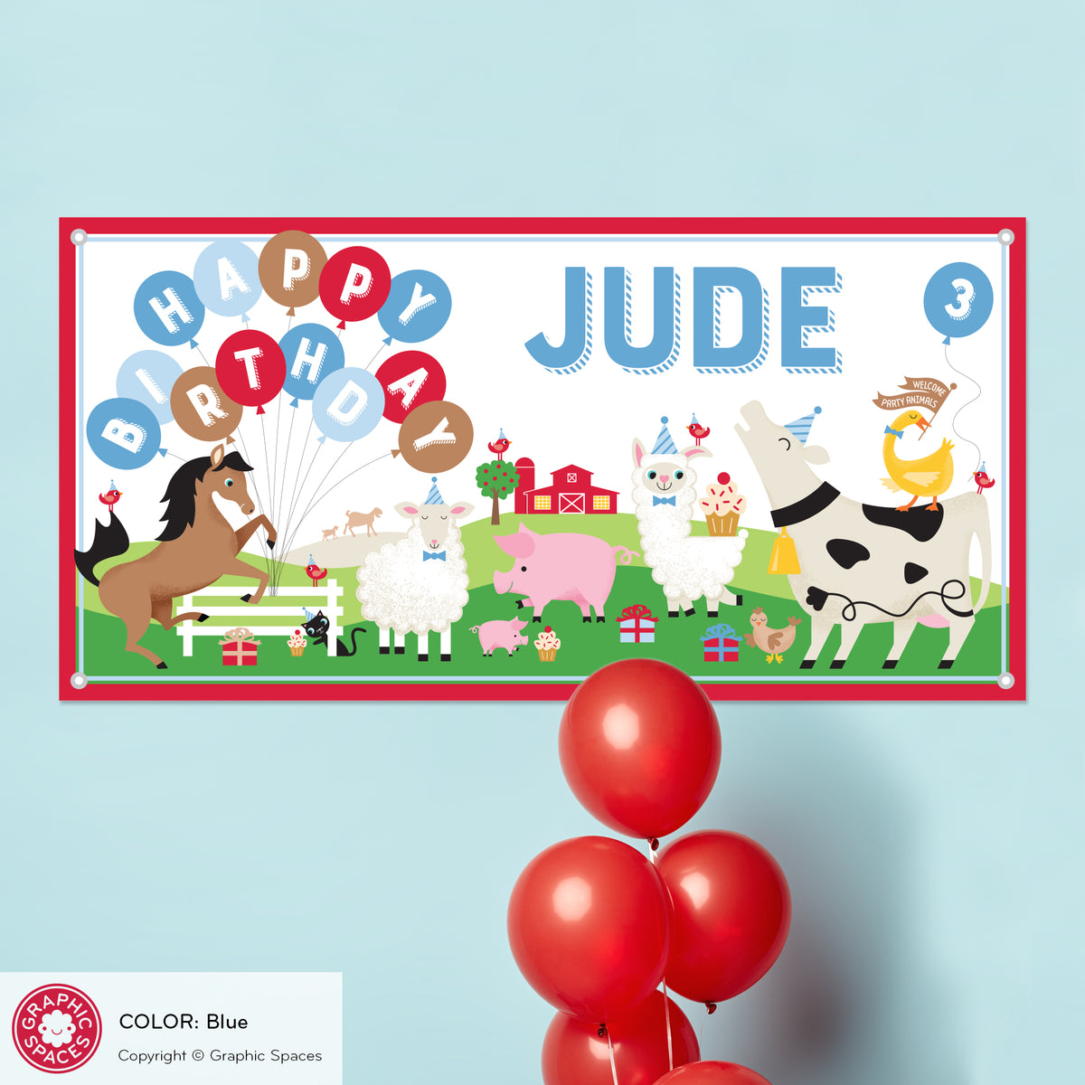 Farm Birthday Banner, Personalized Party Animal - BLUE