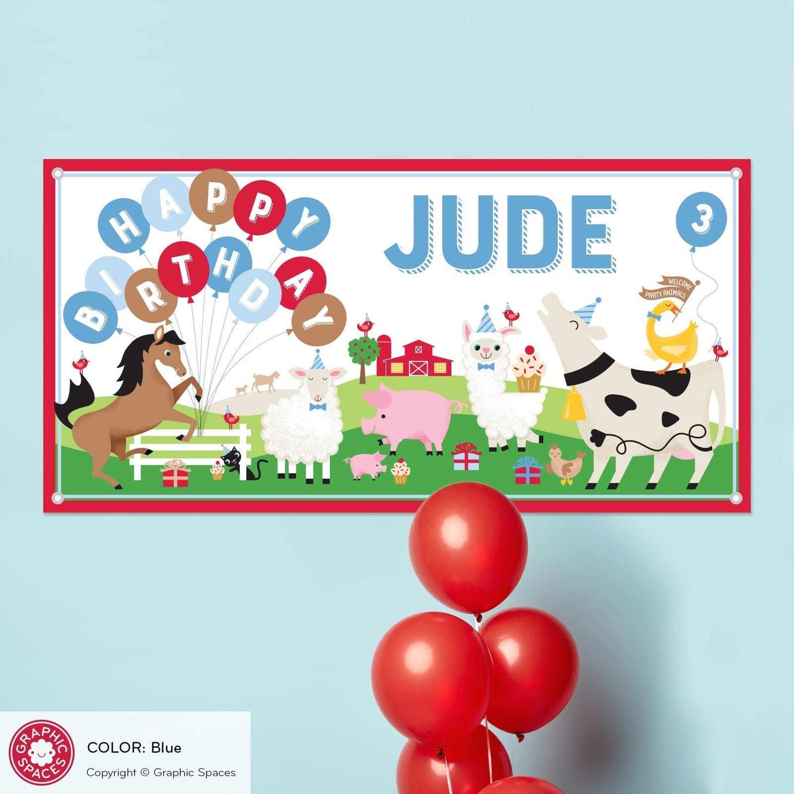 Kids Banner - Farm Animal Birthday Party (Personalized, Blue) - Graphic Spaces