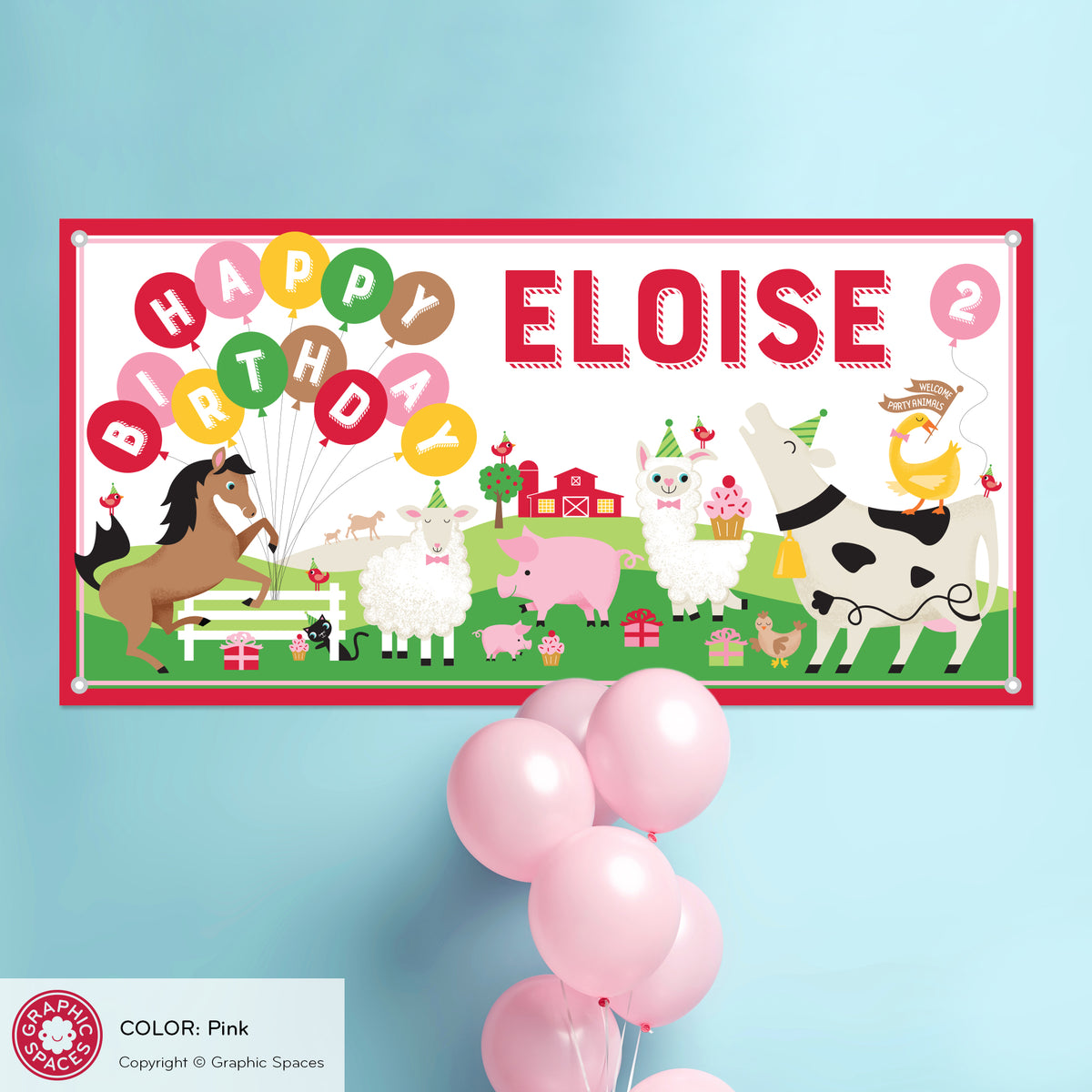 Farm Birthday Banner, Personalized Party Animal - PINK