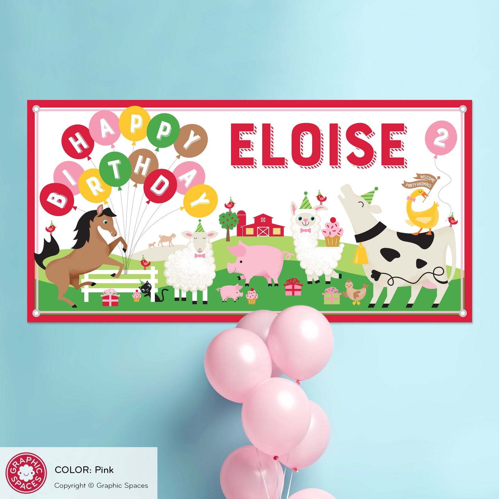 Kids Banner - Farm Animal Birthday Party (Personalized, Pink) - Graphic Spaces