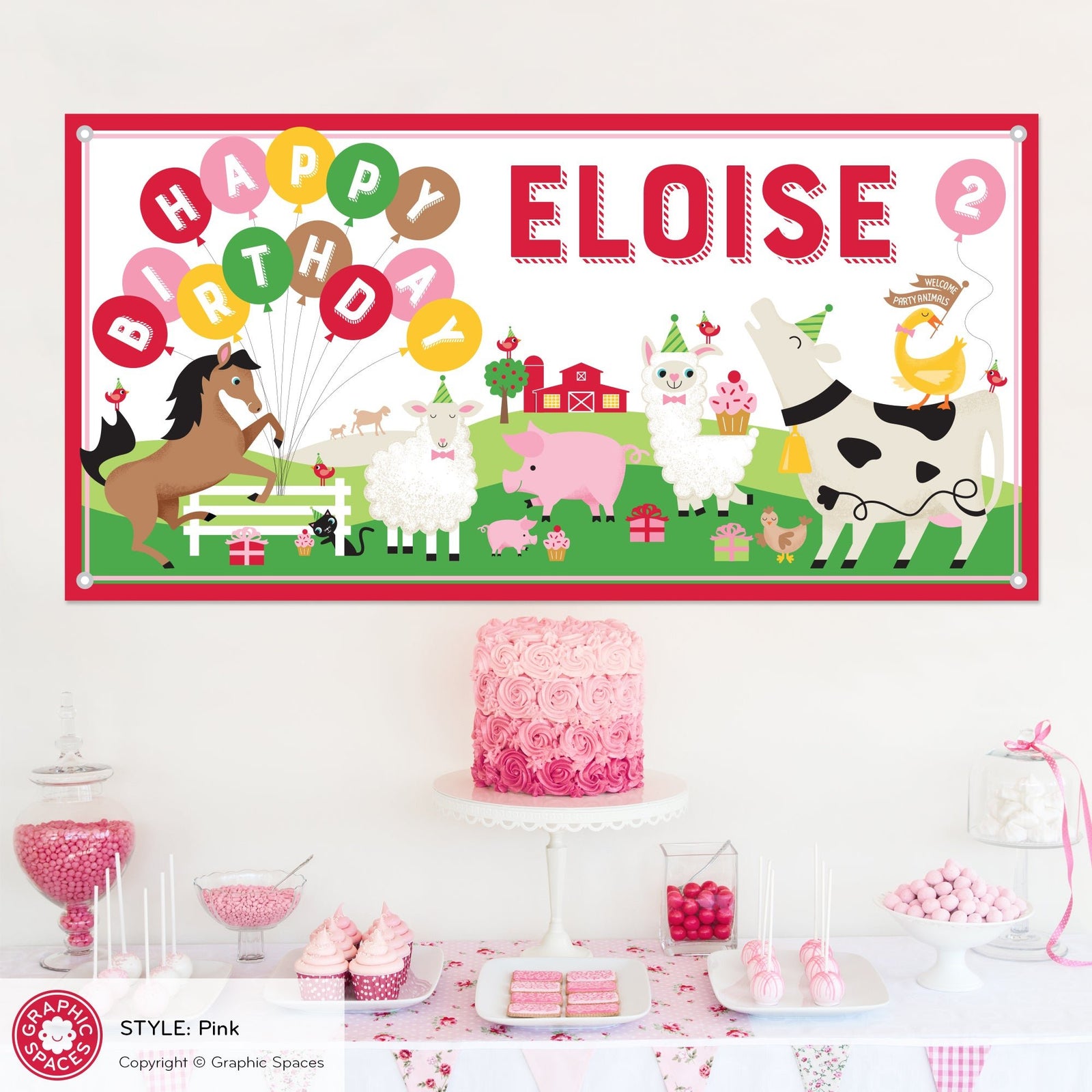 Kids Banner - Farm Animal Birthday Party (Personalized, Pink) - Graphic Spaces