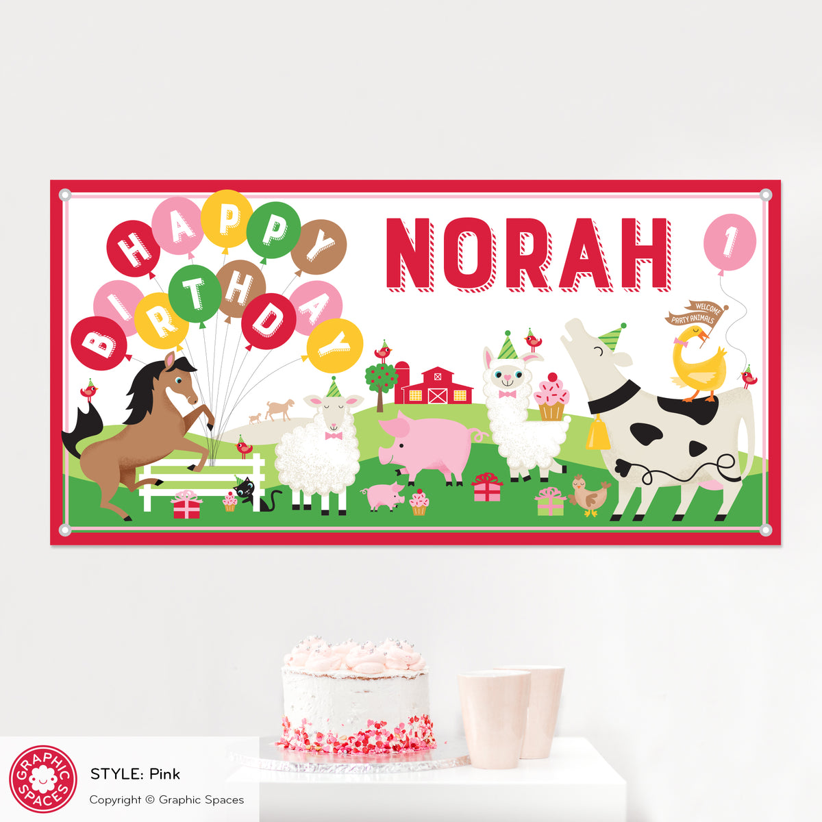 Farm Birthday Banner, Personalized Party Animal - PINK
