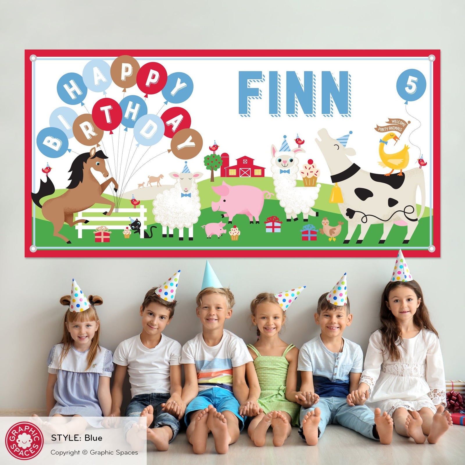 Kids Banner - Farm Animal Birthday Party (Personalized, Blue) - Graphic Spaces