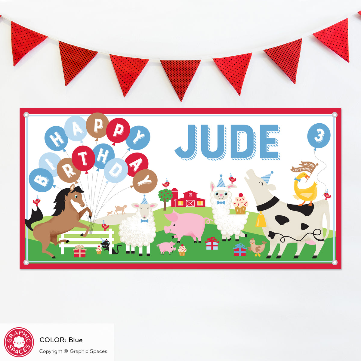 Farm Birthday Banner, Personalized Party Animal - BLUE