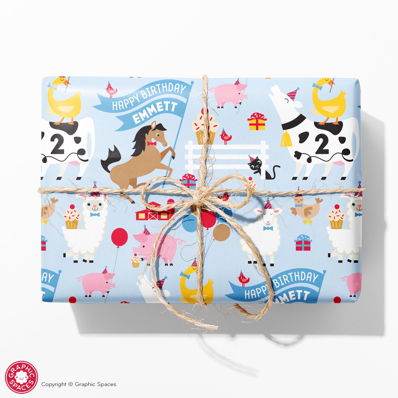 Kids Wrapping Paper - Farm Animal Birthday (Personalized, Blue) - Graphic Spaces