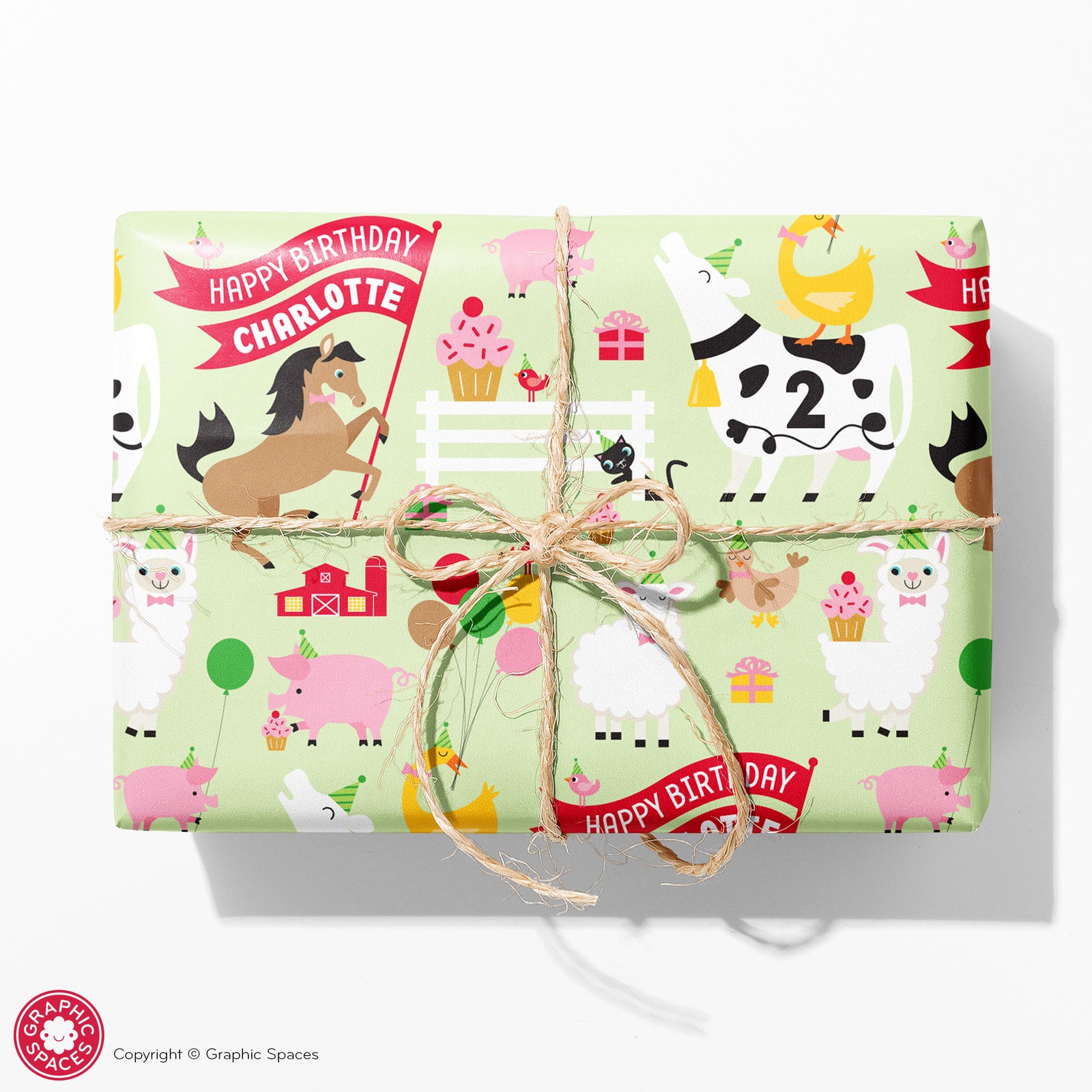 Kids Wrapping Paper - Farm Animal Birthday (Personalized, Green) - Graphic Spaces