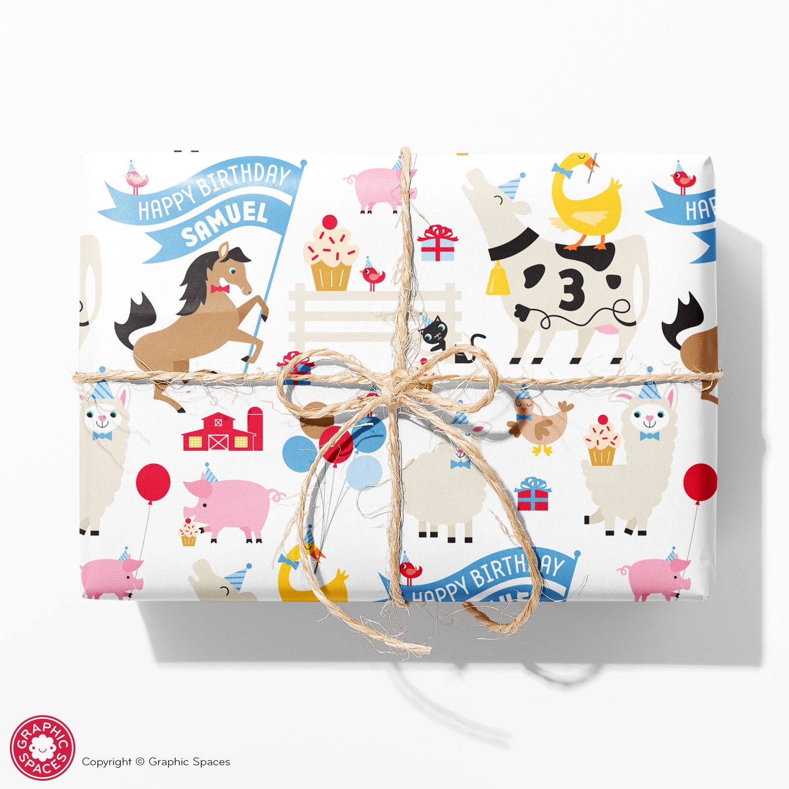 Kids Wrapping Paper - Farm Animal Birthday (Personalized, White) - Graphic Spaces