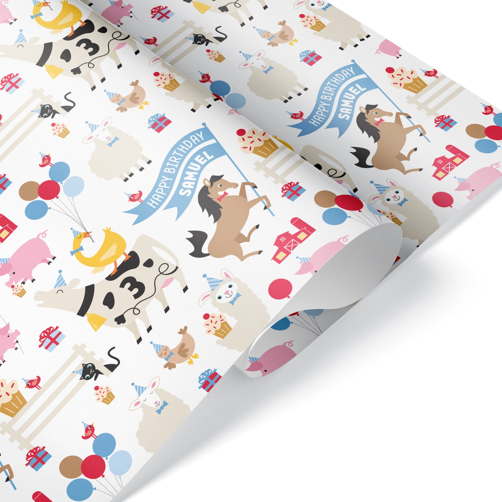 Kids Wrapping Paper - Farm Animal Birthday (Personalized, White) - Graphic Spaces