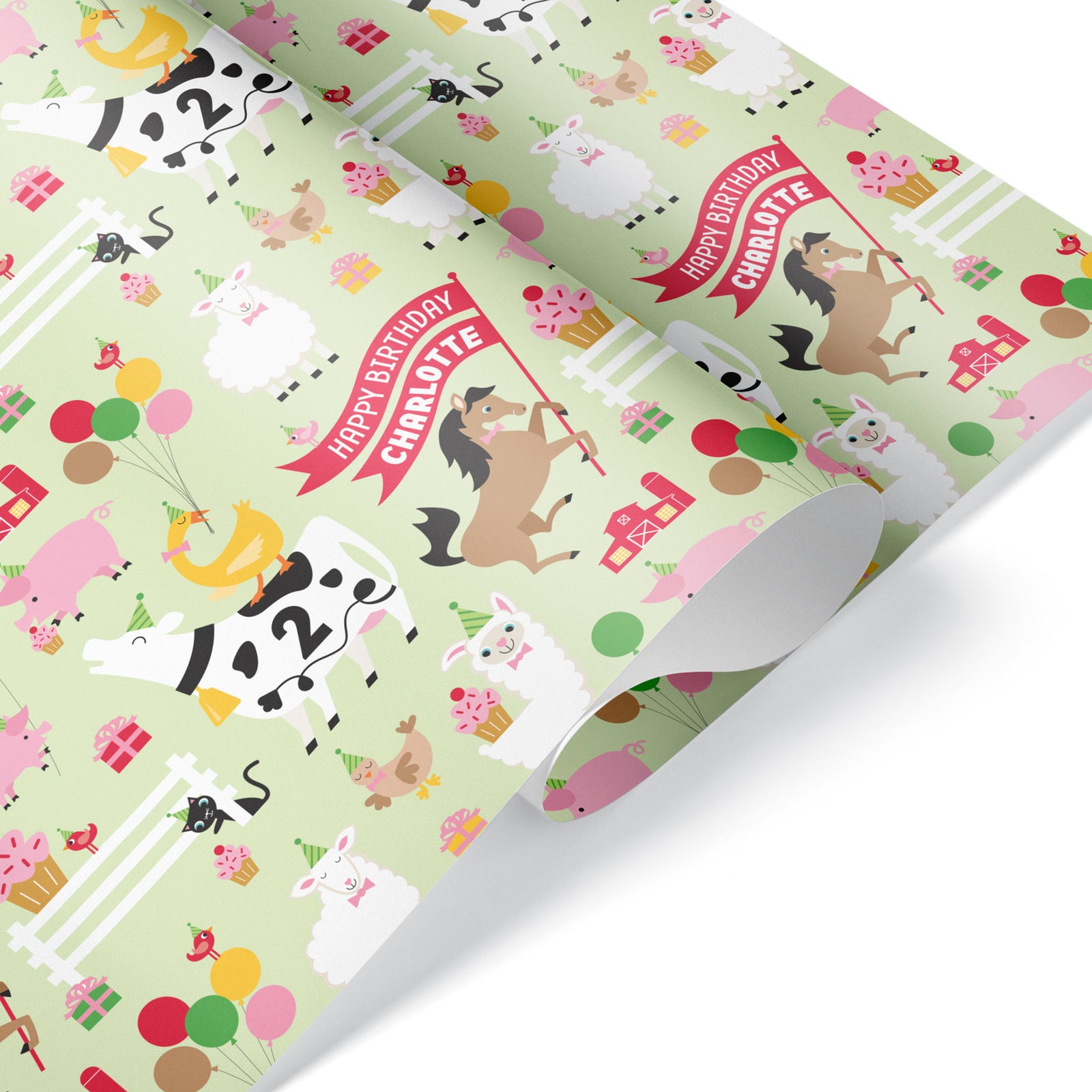 Kids Wrapping Paper - Farm Animal Birthday (Personalized, Green) - Graphic Spaces