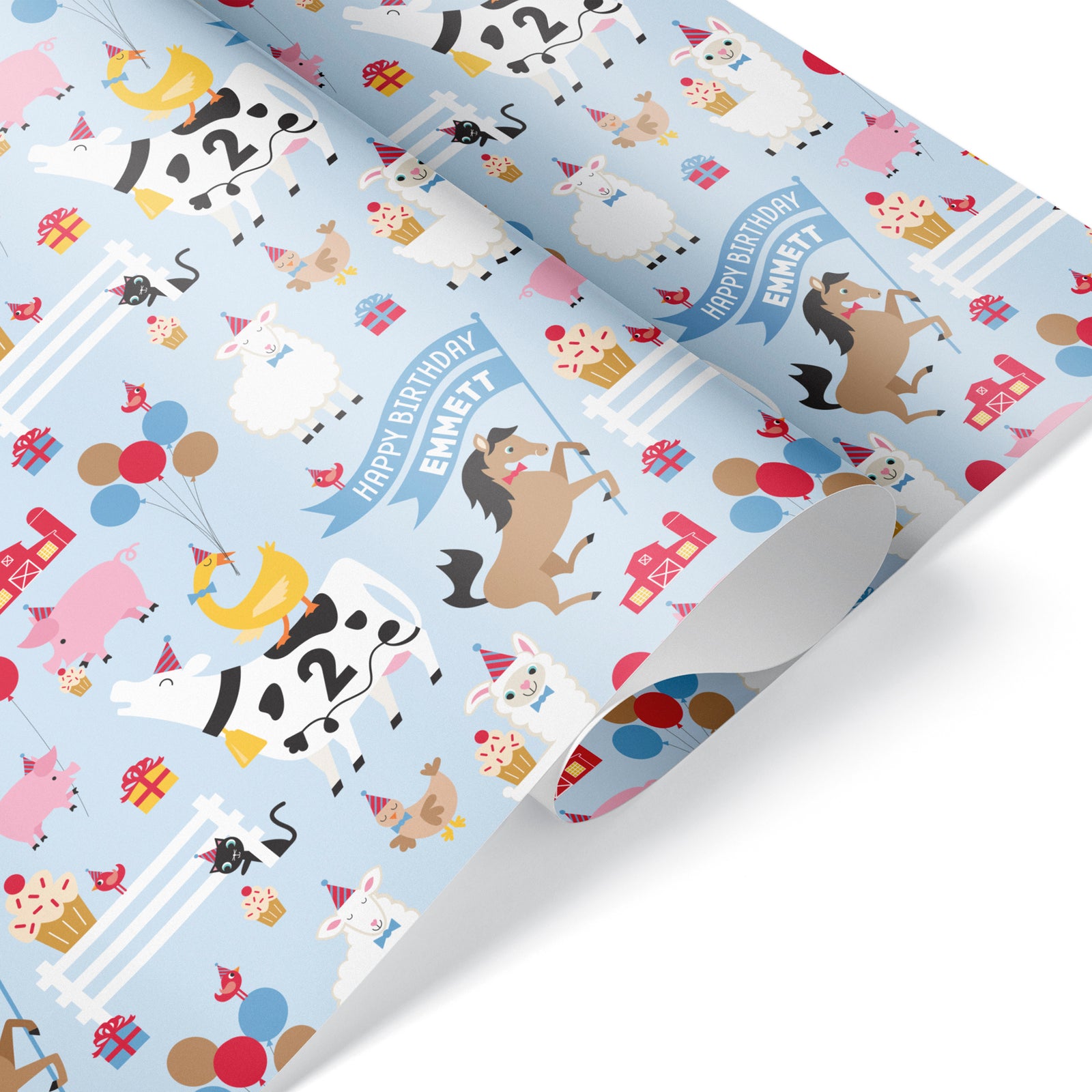 Kids Wrapping Paper - Farm Animal Birthday (Personalized, Blue) - Graphic Spaces