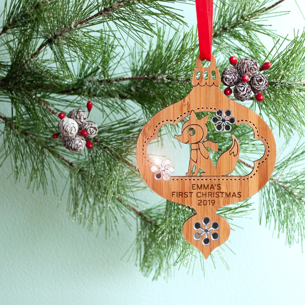 Baby's First Christmas Ornament - Fox (Personalized, Bamboo) - Graphic Spaces