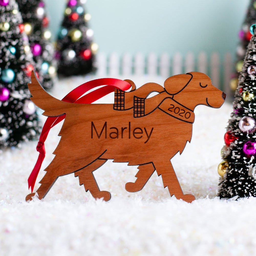 Dog Christmas Ornament - Golden Retriever (Personalized, Wood) - Dark Cherry - Graphic Spaces