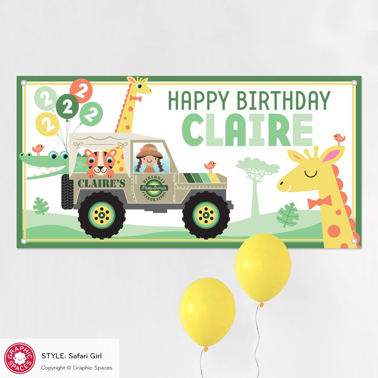 Kids Banner - Safari Jeep Birthday Party (Personalized, Girl) - Graphic Spaces