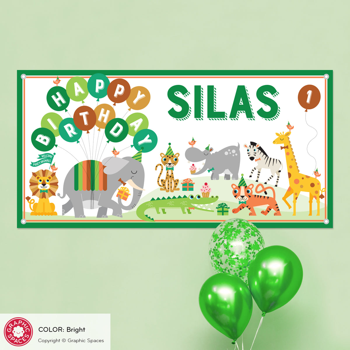 Safari Jungle Animal Birthday Party Banner, Personalized - BRIGHT