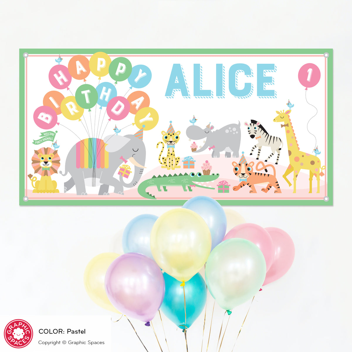 Safari Jungle Animal Birthday Party Banner, Personalized - PASTEL