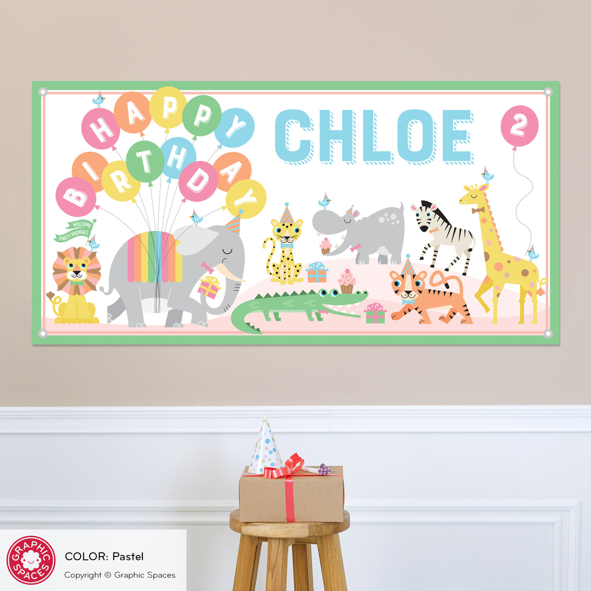 Safari Jungle Animal Birthday Party Banner, Personalized - PASTEL