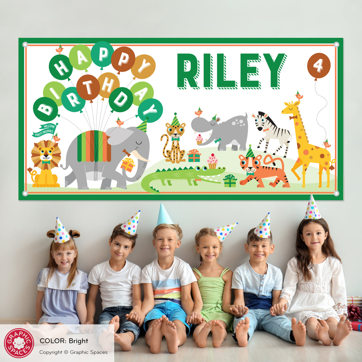 Safari Jungle Animal Birthday Party Banner, Personalized - BRIGHT