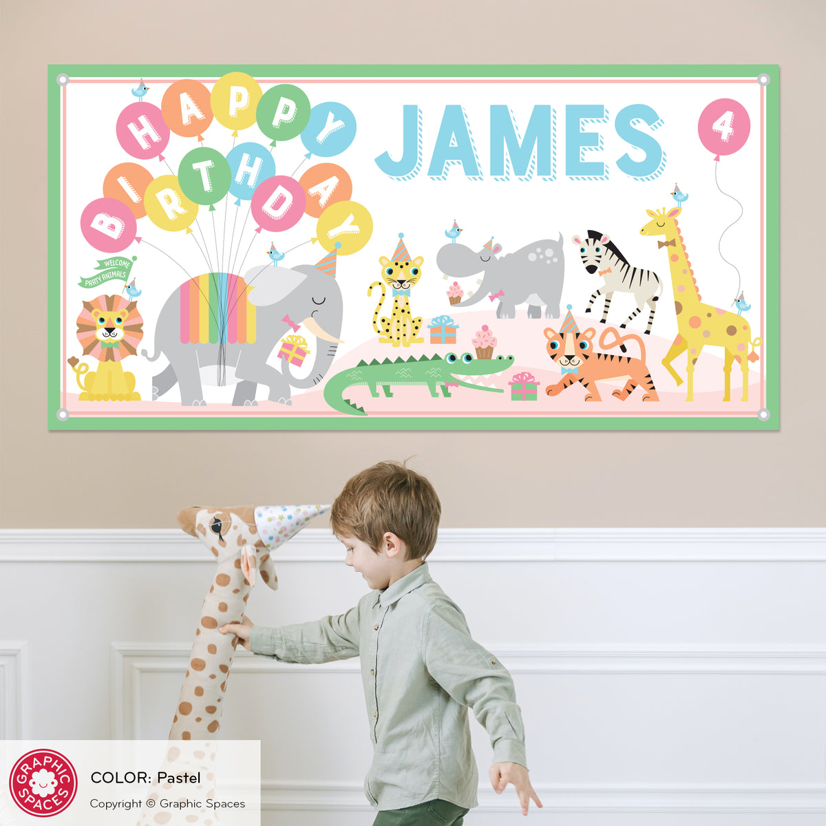 Safari Jungle Animal Birthday Party Banner, Personalized - PASTEL