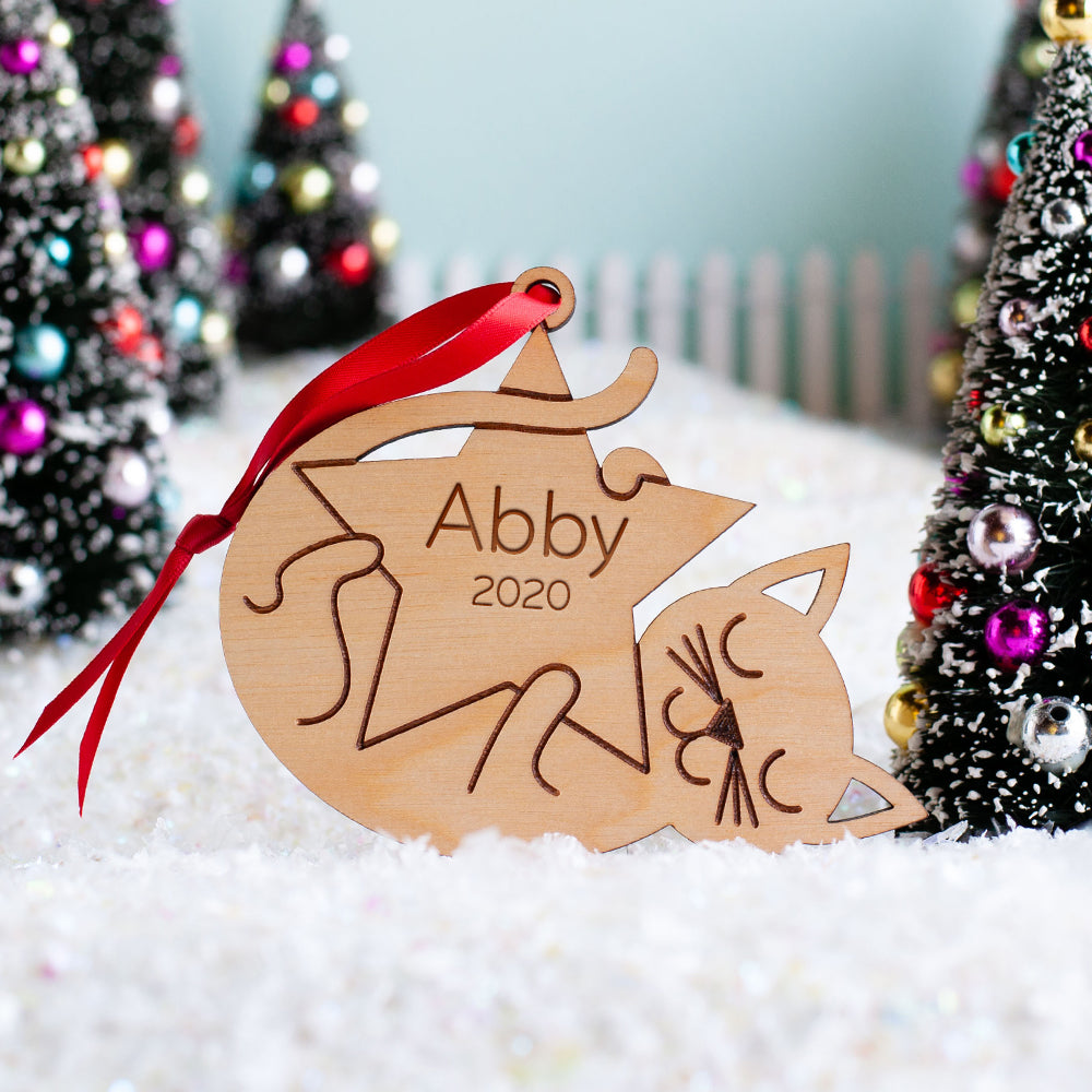 Christmas Ornament - Wood Cat (personalized)