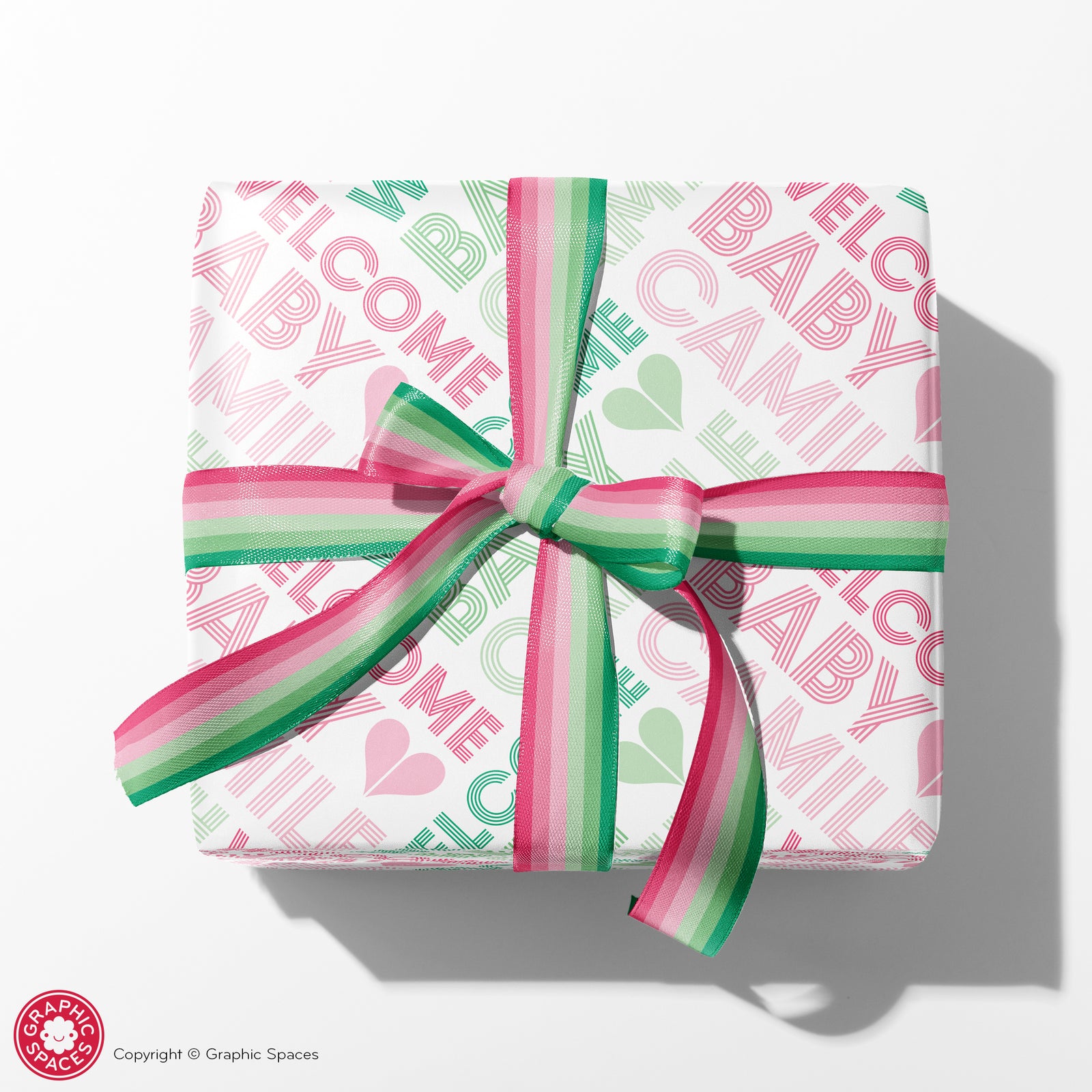 Baby Girl Wrapping Paper - Multiline Baby Shower (Personalized, Pink-Green) - Graphic Spaces