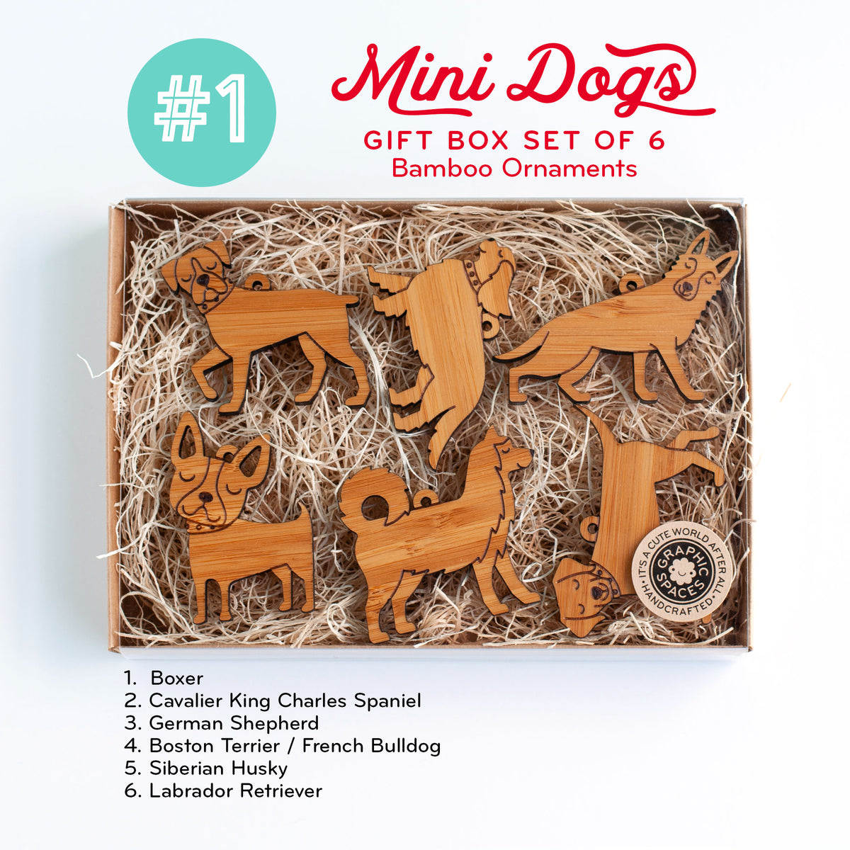 Mini Dog Christmas Ornaments: Bamboo (Set of 6)