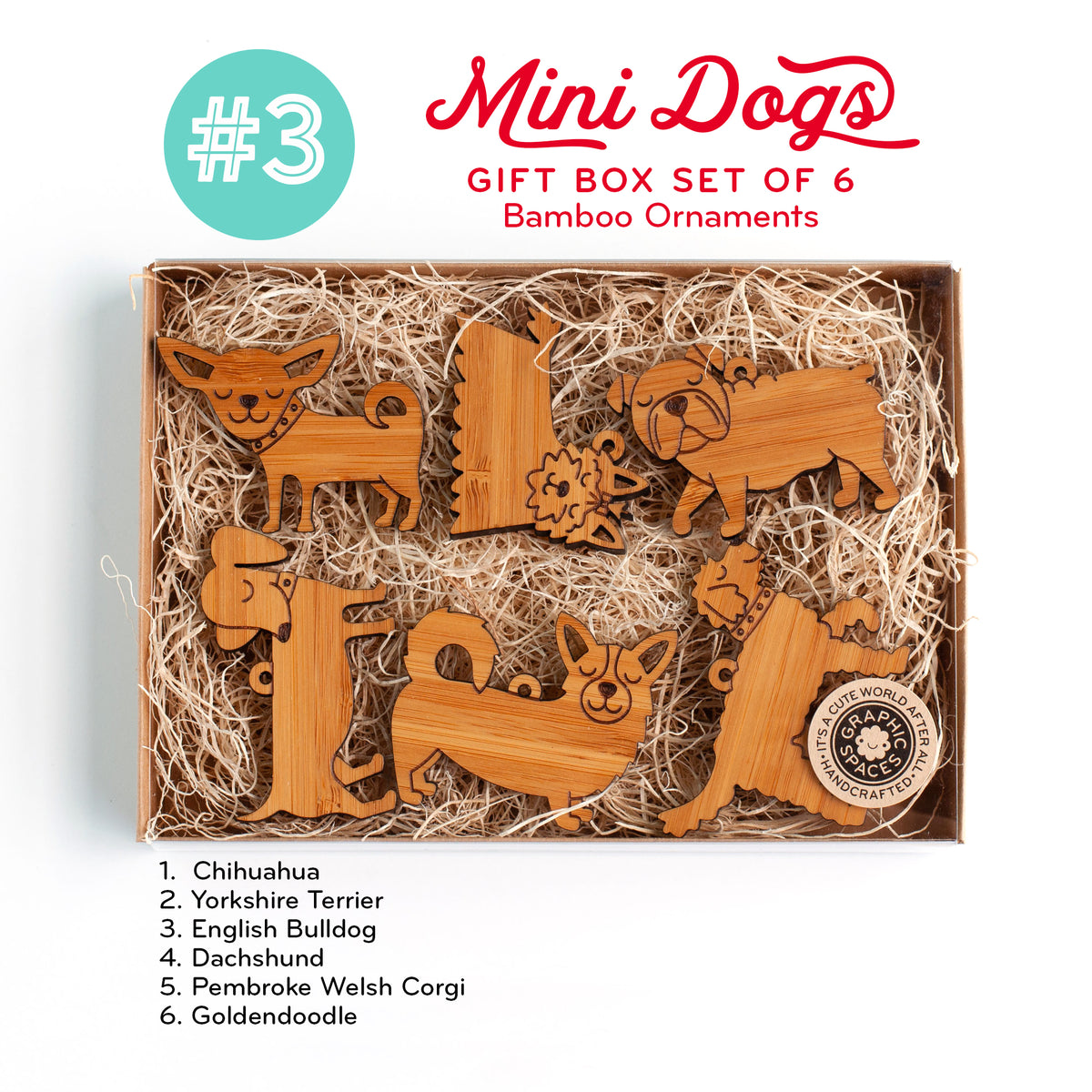 Mini Dog Christmas Ornaments: Bamboo (Set of 6)