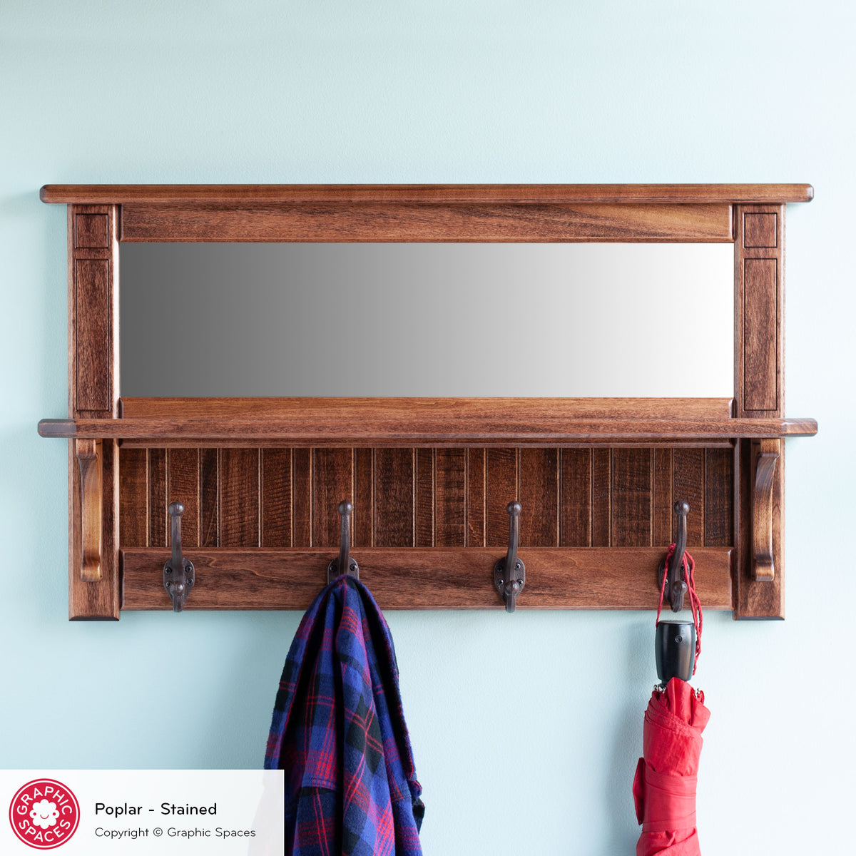 Wall Mirror Shelf &amp; Coat Rack: FINISHED STAINED