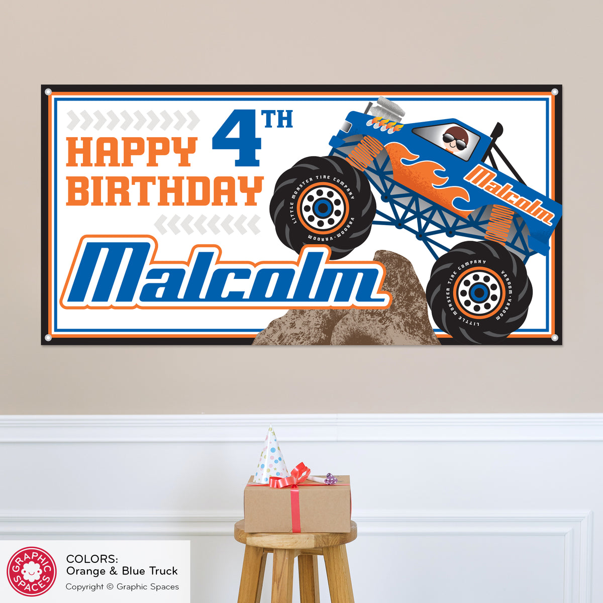 Monster Truck Birthday Banner, Personalized - ORANGE/BLUE