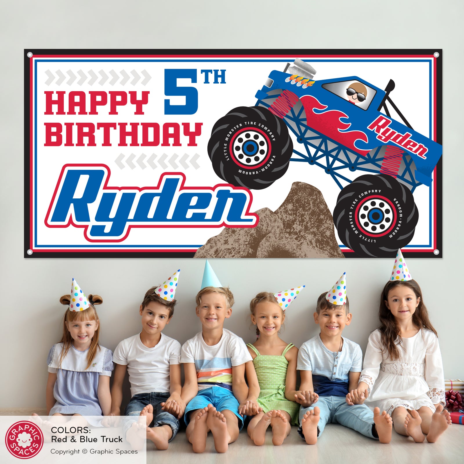 Kids Banner - Monster Truck Birthday Party (Personalized, Red) - Graphic Spaces