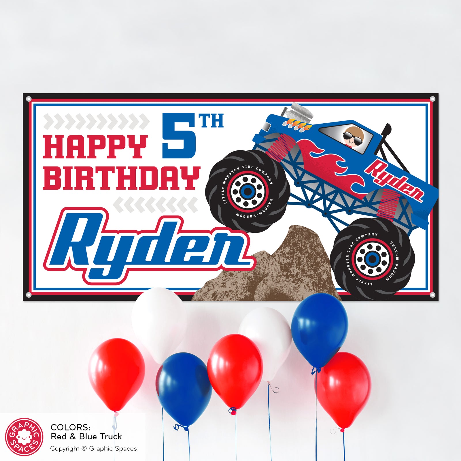 Kids Banner - Monster Truck Birthday Party (Personalized, Red) - Graphic Spaces