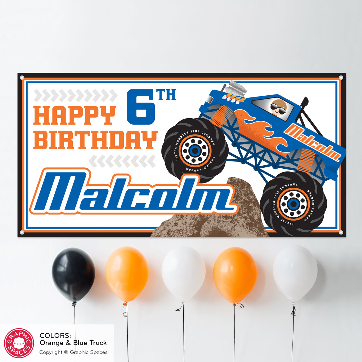 Monster Truck Birthday Banner, Personalized - ORANGE/BLUE
