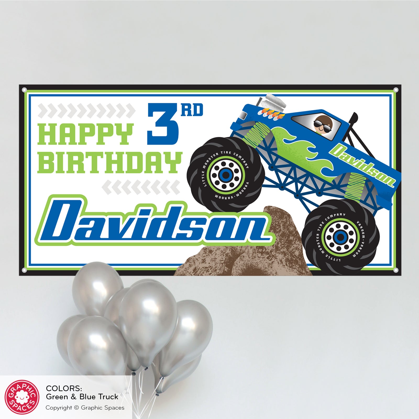 Kids Banner - Monster Truck Birthday Party (Personalized, Green) - Graphic Spaces